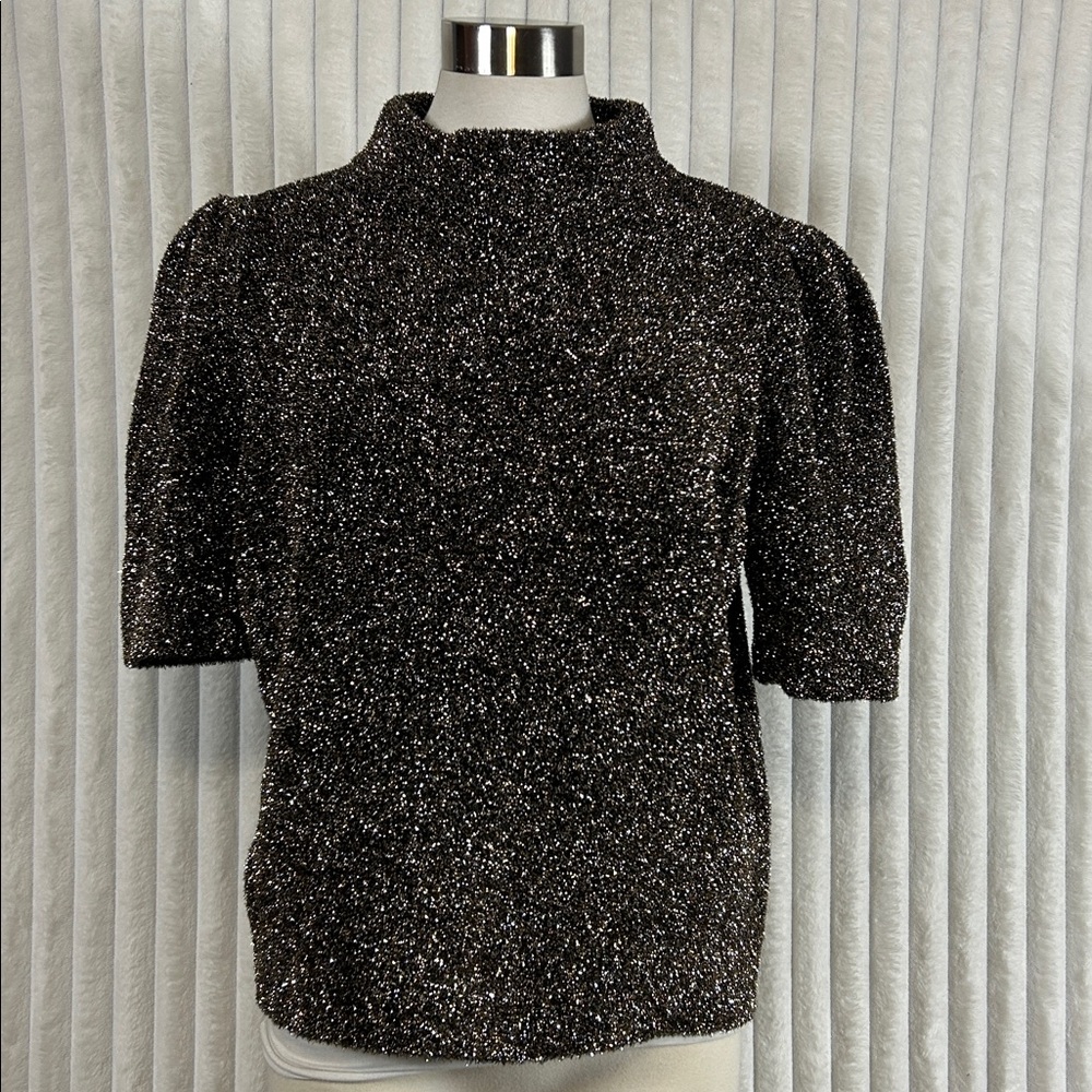 Kate Spade black Textured Metallic Mock Neck Sweater with short puff sleeves XL